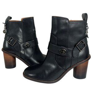COACH 1941 Women Black Leather Moto Booties Turnlock Buckles Stacked Heels NWOB